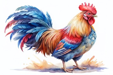Fototapeta premium Colorful Chicken Watercolor Illustration, Blue and Red Feathers, Farm Animal Art, Poultry Painting