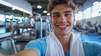 Fit individual smiling for a selfie post-workout, showcasing happiness with a towel after exercise at the gym, perfect for a social media profile or vlog content