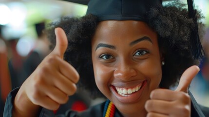 Portrait of a smiling woman celebrating graduation with a thumbs up, showcasing her achievement and educational success with a certificate