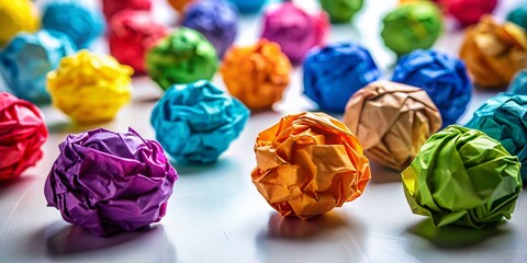 Colorful Crumpled Paper Balls Scattered on White Background - Stock Photo