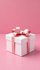 Obraz premium - A white gift box with shiny bow on pink background , pink, gift, holiday