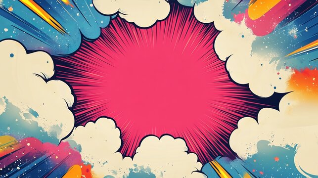 Comic abstract pop art background featuring a dynamic cloud frame with vibrant colors, halftone dots, and retro cartoon style for creative designs, posters, and digital illustrations
