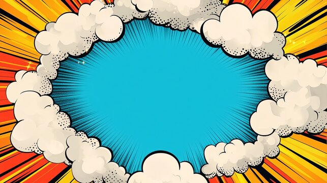Comic abstract pop art background featuring a dynamic cloud frame with vibrant colors, halftone dots, and retro cartoon style for creative designs, posters, and digital illustrations