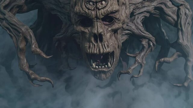Supernatural wooden creature with skeletal features and gnarled branch-like appendages materializes through thick fog in dark forest environment - Powered by Adobe