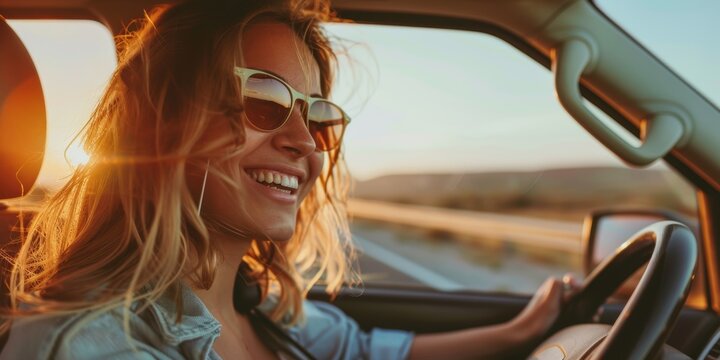 Female traveler engaging with smartphone during a road trip, enjoying humorous content, and reading while in a vehicle
