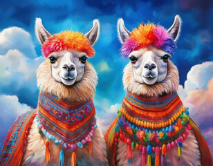Two adorable llamas with vibrant, colorful decorations pose confidently against a beautiful, dreamy sky background filled with clouds.