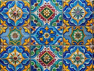 Colorful Italian Ceramic Tile Pattern on Blue Cement Background - Ethnic Folk Ornament Wall Art Design
