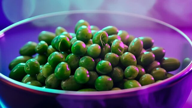 Colorful and vibrant green peas with mist in a bowl at a culinary event
