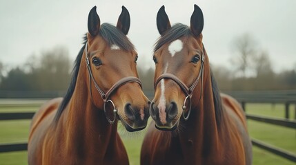 Fototapeta premium Two chestnut horses stand close, heads together, in a paddock