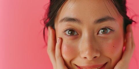 Fototapeta premium Woman showing beauty and smile while gently touching her face in a studio setting, expressing self-love and confidence against a pink backdrop