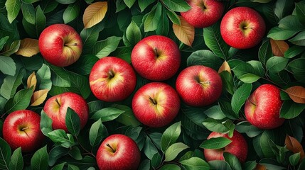 Obraz premium Red apples nestled amongst lush green leaves.