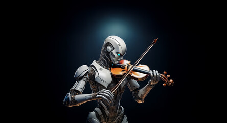 Naklejka premium A sleek, metallic robot elegantly plays a wooden violin in a spotlight against a dark backdrop. The futuristic cyborg is immersed in creating music with the classical instrument.