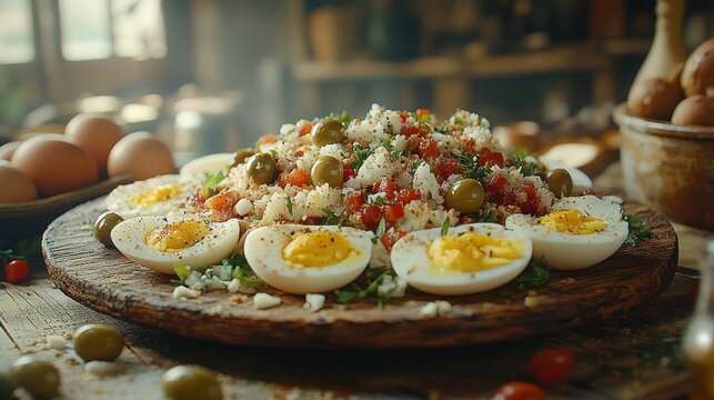 Hearty, colorful salad with halved hard-boiled eggs, surrounded by ingredients