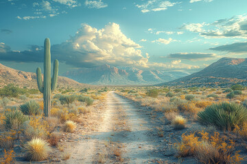 Desert landscape stretching endlessly toward horizon dotted with cacti silhouettes. Concept of solitude and survival.