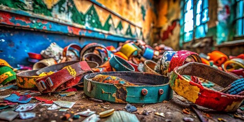Fototapeta premium Colorful Wristbands Abandoned Urban Location - Grunge Urban Exploration Stock Photo