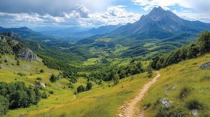 Fototapeta premium Panoramic mountain valley view with a hiking trail. Lush green hills and forests. Majestic peaks under a partly cloudy sky