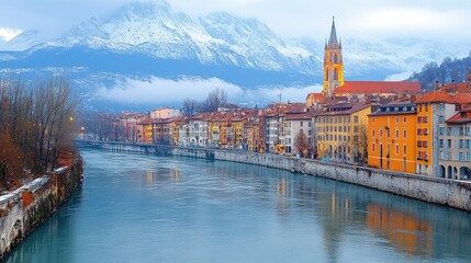 Fototapeta premium Panoramic view of a European city nestled beside a river, with snow-capped mountains in the background. Colorful buildings reflect on the water