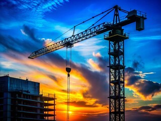 Construction Crane Silhouette Against Vibrant Blue Sky - Urban Exploration Stock Photo