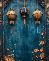 a Asian Tet Lunar New Year photo background blue and gold theme