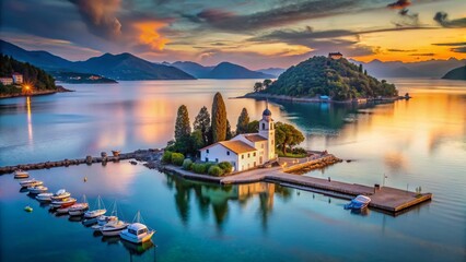 Obraz premium Corfu Kanoni Peninsula: Mouse Island & Vlacherna Monastery Panoramic View