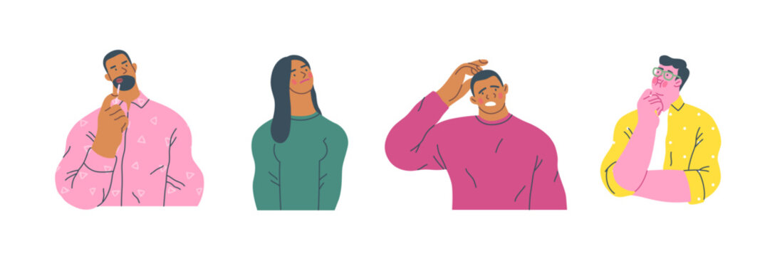 Thinking people, modern flat vector concept illustrations set- people standing thoughtfully. Metaphor for reflection, analysis, introspection, contemplation, deep thought