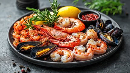 Grilled seafood platter with shrimp, mussels, lemon, and herbs.