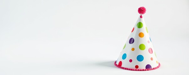 Obraz premium Brightly colored birthday party cap with polka dots on white background, celebration, polka dots, hat
