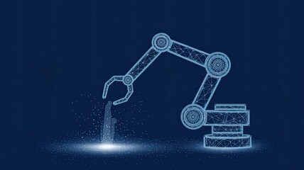 Robotic arm and robotic machine tool for smart technology manufacturing process in dark blue background. Abstract vector illustration. Industrial technology concept. Low poly wireframe .