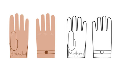 Driving Gloves Short Wrist length beige cartoon and CAD mockup Fashion hand full-finger design snap-fit fastening pull-on style accessory clothing technical illustration. Vector Men, women style flat