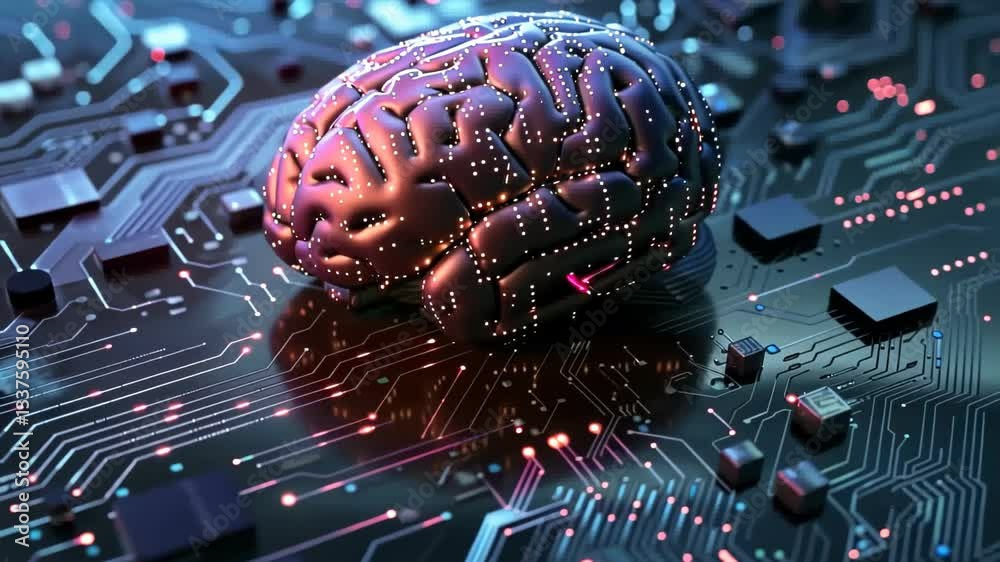 Poster exploring the intersection of technology and neuroscience through a digital brain on a circuit board