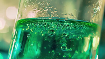 Close-up of a vivid green chemical reaction in a beaker. Fizzing bubbles pop in slow motion, showing dynamic lab activity—ideal for science visuals, chemistry demos, or educational content.
