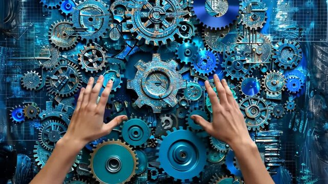 Hands manipulate intricate gears on a blue background in an artfully arranged mechanical display