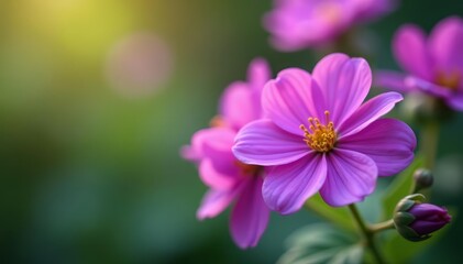 Obraz premium Close-up of beautiful purple pink flowers with blurred background, garden, blossom, vibrant
