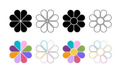 Fototapeta premium Set of different chamomile or gerbera flower silhouettes with 8 petals and core. Floral pie charts divided on equal parts in leaf shapes isolated on white background. Vector illustration.