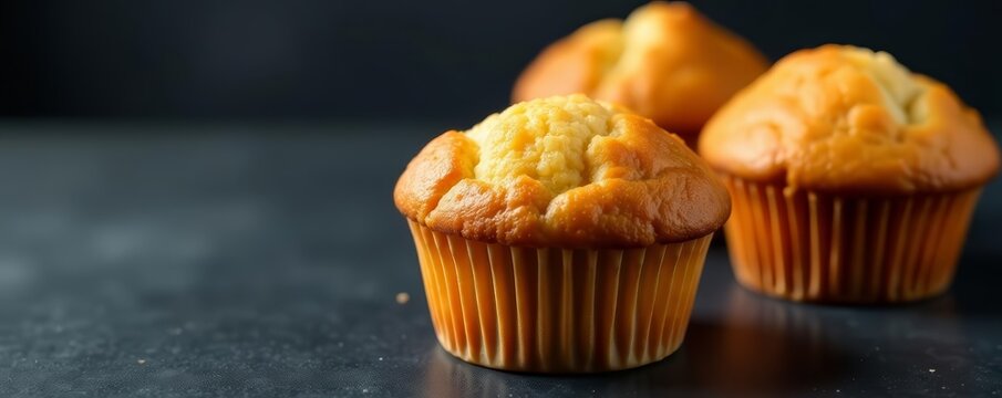 Close-up of three freshly baked muffins on dark surface, three muffins, homemade, sweet treat