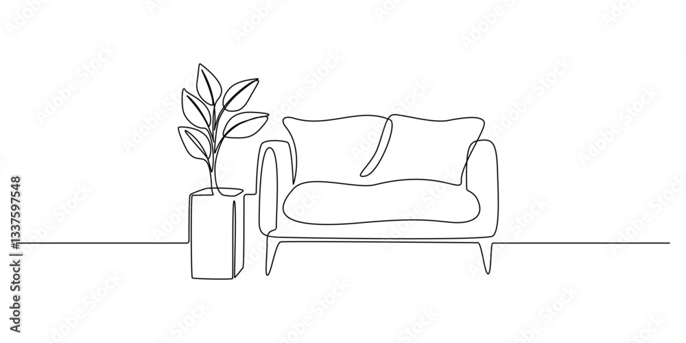 Aufkleber sofa with home plant in continuous one line drawing. modern room and home furniture in simple linear