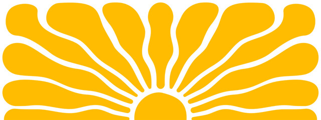 Groovy sun background. Curvy yellow rays. Sunburst, sunrise or sunset poster. Spring or summer theme wallpaper. Modern psychedelic print. Positive vibes design. Vector flat illustration.