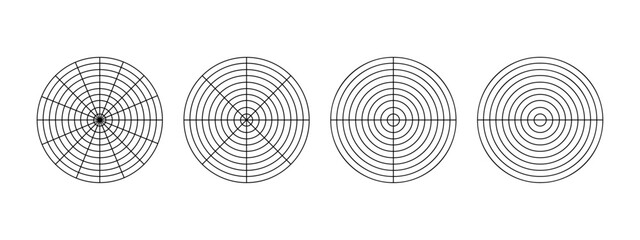 Round diagrams divided on segments. Pie charts with concentric circles cutting on 16, 8, 4 and 2 equal parts. Wheel of life or habits tracker templates. Vector graphic illustration.