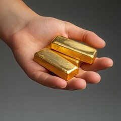 a hand tightly holding three solid gold bars, set against a grey background
