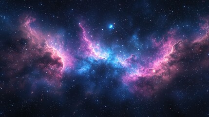 Vibrant nebula with pink and blue cosmic clouds.
