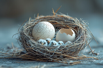 A cracked eggshell on concrete versus chicks hatching in a straw nest. Concept of fragility and new life.