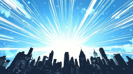 Comic book explosion background with dynamic radial blue burst and black city silhouette, featuring retro pop art style with halftone dots and energetic motion lines for superhero-themed designs and a