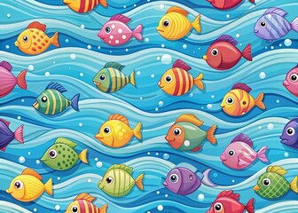 Fototapeta premium Cute Cartoon Fish Sea Pattern: Underwater Ocean Life Wallpaper, Textile, Wrapping Paper Design