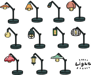 電気スタンド、アームライトの手描き風イラストセット