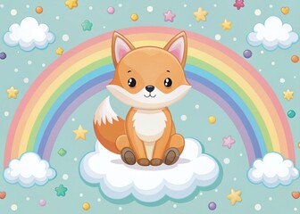Cute Fox Rainbow Cloud Gift Cartoon Illustration - Adorable Animal Design