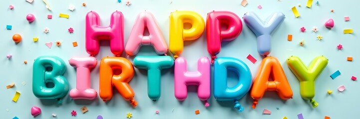 Colorful balloons spelling "Happy Birthday" with confetti on a card, card, celebration, lettering