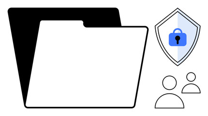 Large file folder, shield with lock representing security, two user icons. Ideal for data protection, privacy, user security, document management, information safety, secure storage confidentiality © robu_s