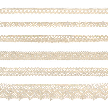 Set of light beige cotton lace trim ribbon isolated cutout on transparent