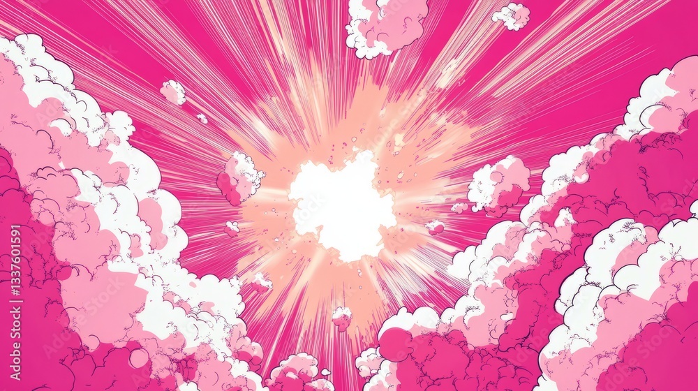 Sticker comic book style dynamic pink background with halftone dots and speed lines creating a vibrant retro