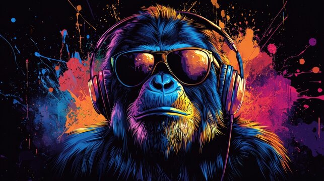 Cool gorilla wearing headphones and sunglasses in vibrant colors.